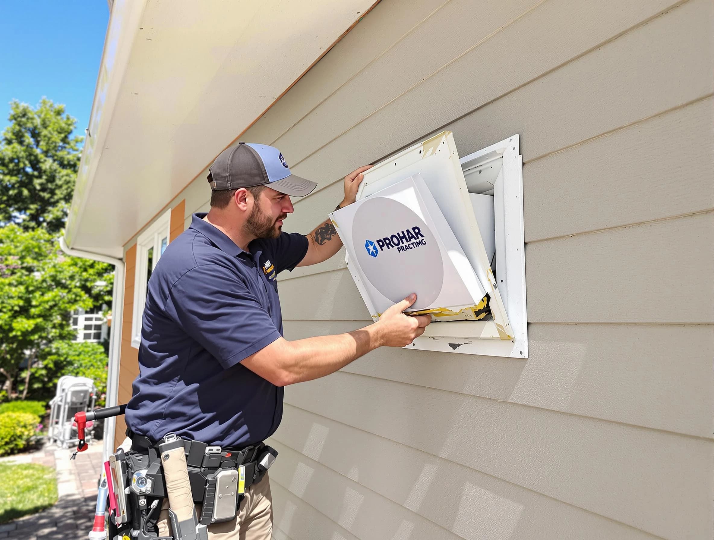 Kingfisher Dryer Vent Cleaning technician installing a new protective dryer vent cover on a home in Kingfisher