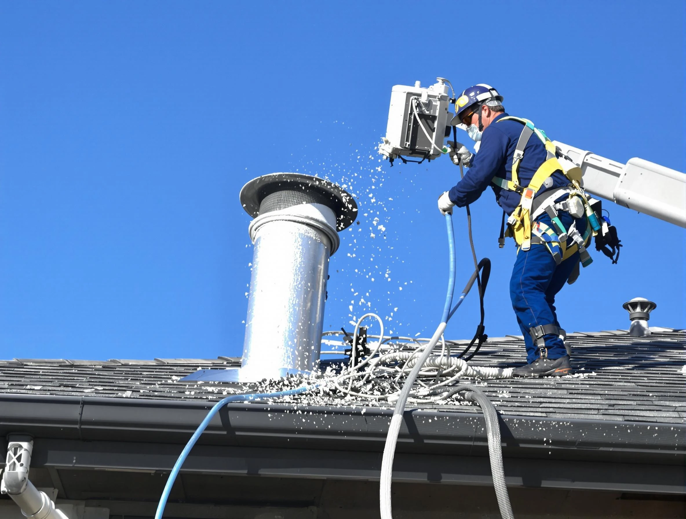 Kingfisher Dryer Vent Cleaning certified technician safely cleaning a roof-mounted dryer vent in Kingfisher